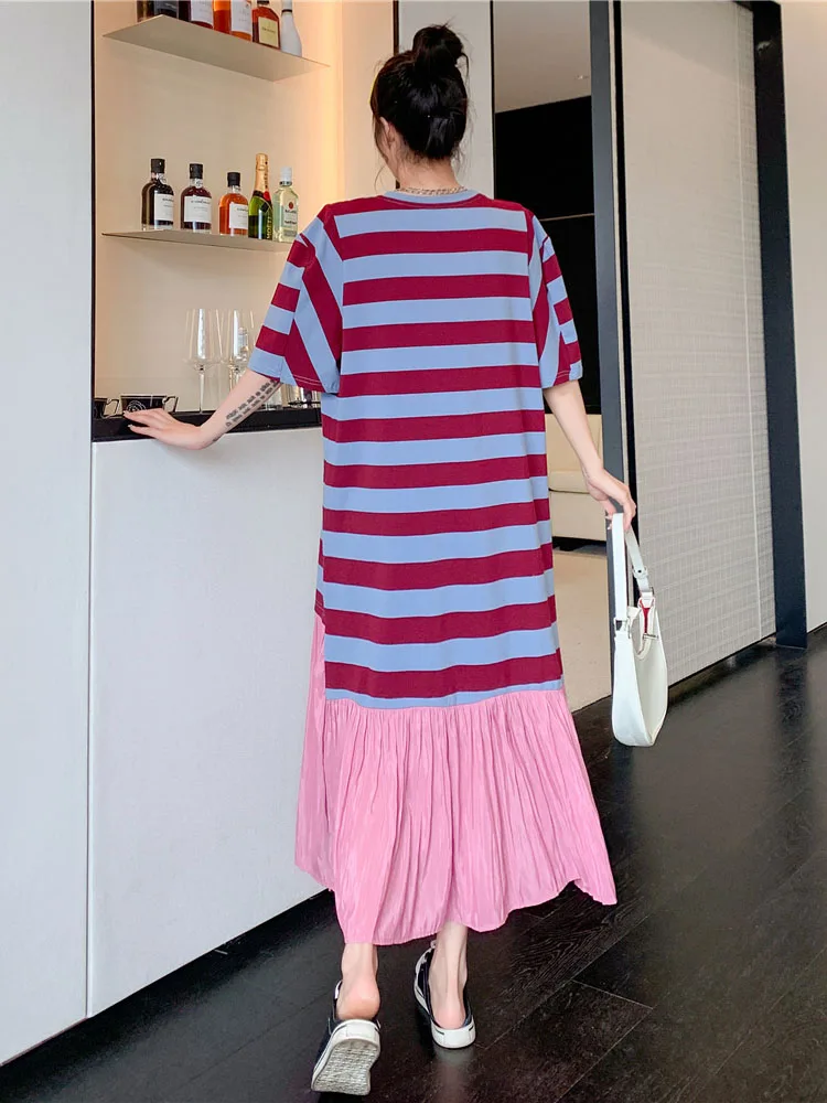 NYFS 2024 Summer New Korea Woman Dress Vestidos Robe Elbise Loose Plus Size False Two-Piece Cotton Stripe Patchwork Long Dresses