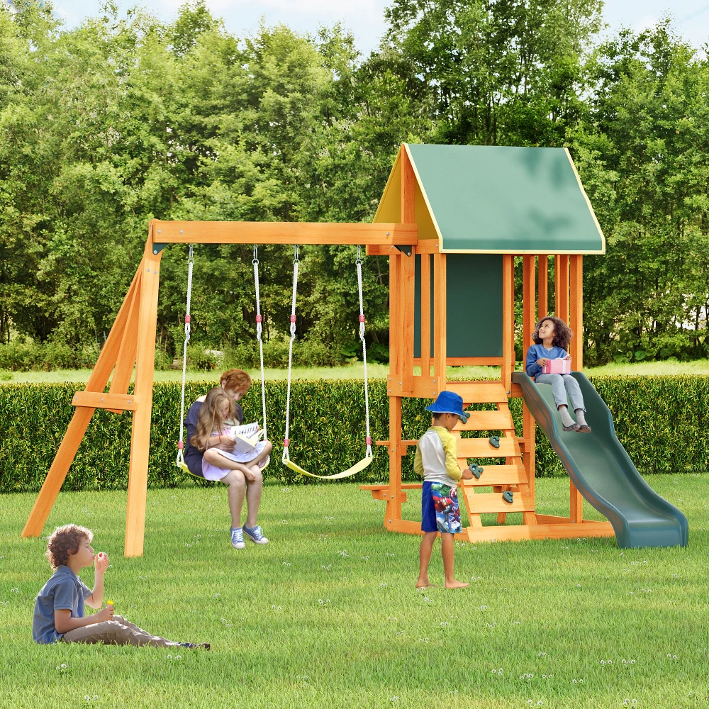 

Wooden Outdoor Swing Set 3 in 1 Swing Set outdoor Children's Playset with Slide, 2 Swings and Climber for Garden,
