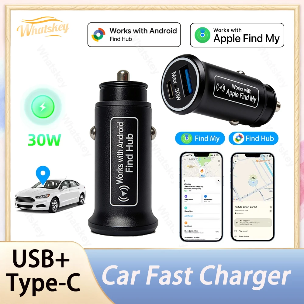 30W Car Charger USB Type C With iPhone GPS Locator Tracker for Apple Find My or Android Phone Google Find Hub Anti-loss Locator