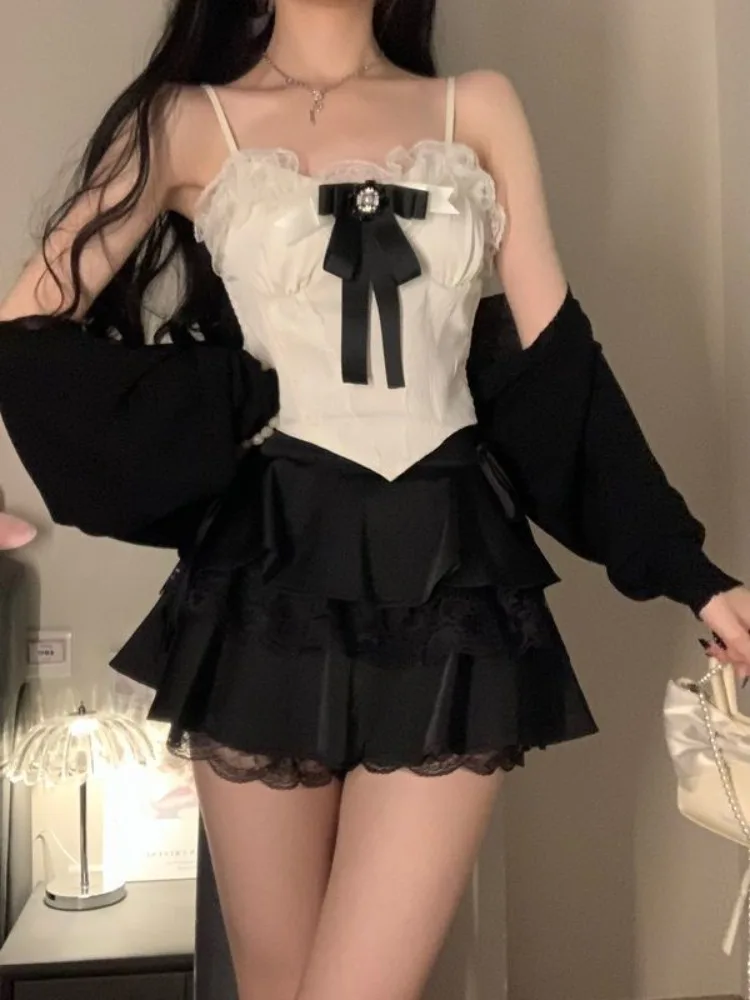 

Новый летний комплект из трех предметов, женский кардиган с длинными рукавами, пальто + сексуальный женский жилет-бретелька + юбки-тортики с высокой талией