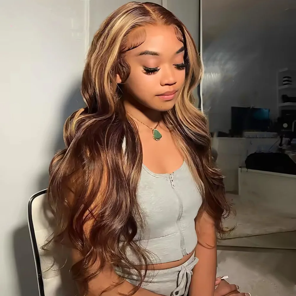 

Highlight Body Wave Wigs Human Hair 13X4 13X6 Lace Frontal Human Hair Wigs For Women Honey Blonde Ombre P4/27 Wig 180 Density