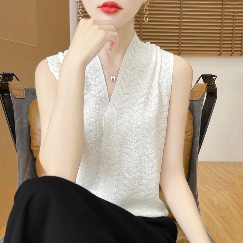 

V-neck knitted Vest Women's 2025 Spring Summer New 100% Lyocell Sleeveless Waistcoat Female Fashion Elegant Solid Color Tank Top