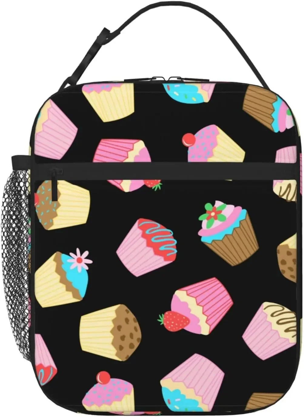 Lovely Colorful Cupcake Reusable Lunch Bag Insulated Cooler Tote Bag Lunchbox with Side Pockets For Women Men Work Office Picnic