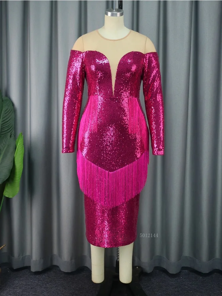 Sequiens Fuchsia Tassel Dresses for Women Sexy Tulle Patchwork Luxury Birthday Evening Cocktail Event Party Bodycon Gowns Outfit