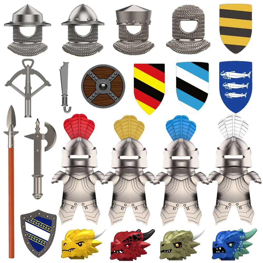 Castillo Medieval soldado bloques de construcción figuras de acción dragón Anime caballero accesorio caballo de guerra casco de la milicia escudo juguete para regalo Z004