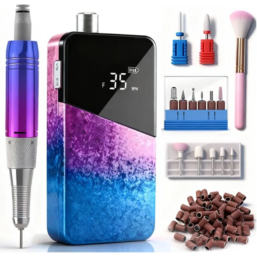 

Профессиональная аккумуляторная фрезерная машинка для маникюра 35000 об/мин для акриловых и гелевых ногтей с набором керамических насадок и шлифовальных лент, черная