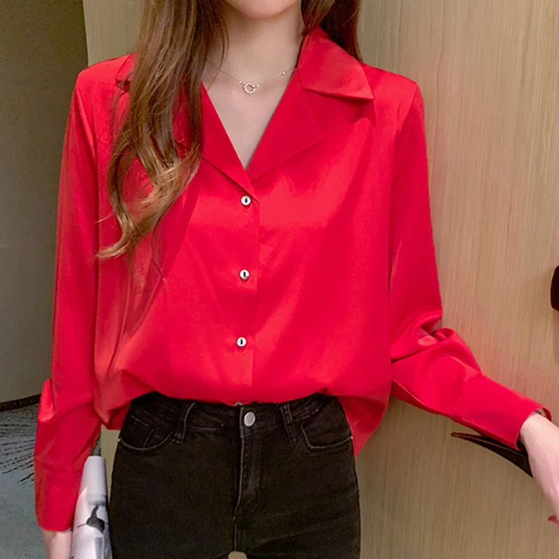 Women Shirts Silk Women Blouses Office Lady Satin White Shirt Woman Clothes Long Sleeve Blouse Notched Collar Casual Ladies Tops