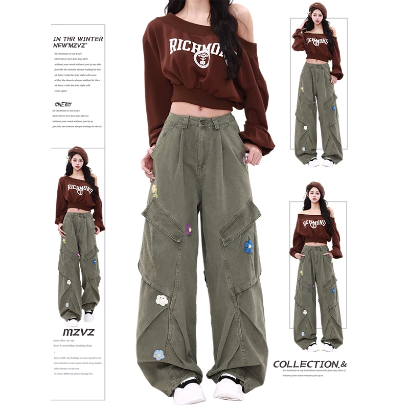 

Y2K Harajuku High Street Loose Wide Leg Retro 2000s Large Pocket Jeans Embroidery 3D Flower Cargo Straight Pants