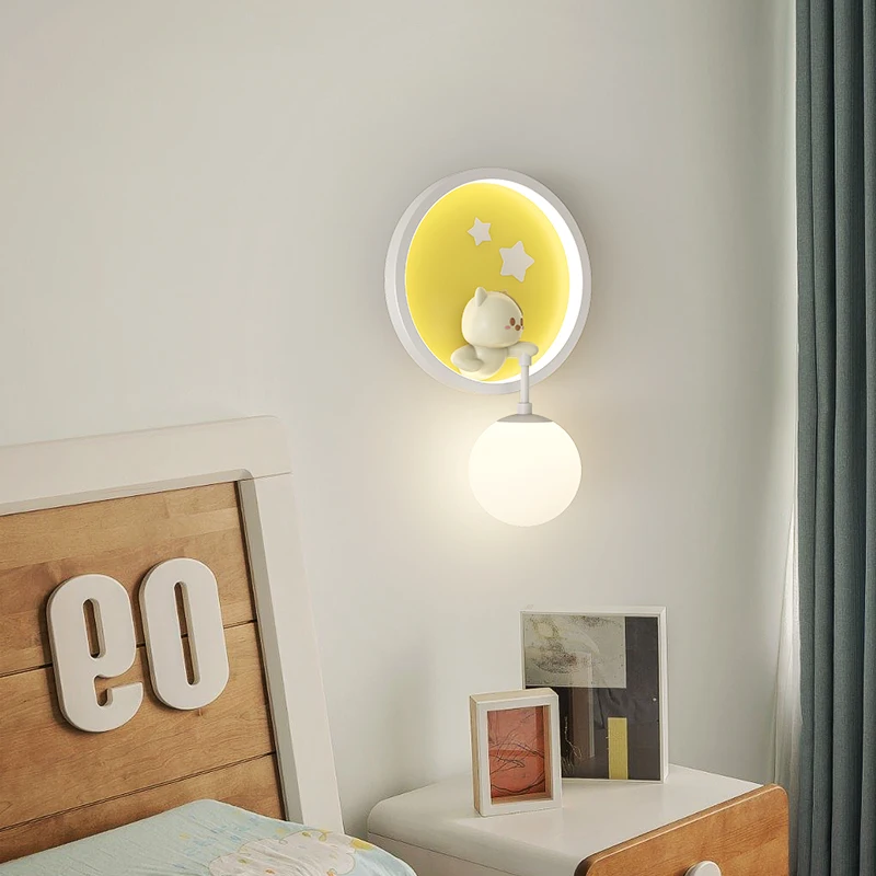 Romantic Bedroom Bedside Wall Light for Kids Baby Boy Girl Room Decorative Lighting Pink Blue Yellow Animal Cat Rabbit Wall Lamp