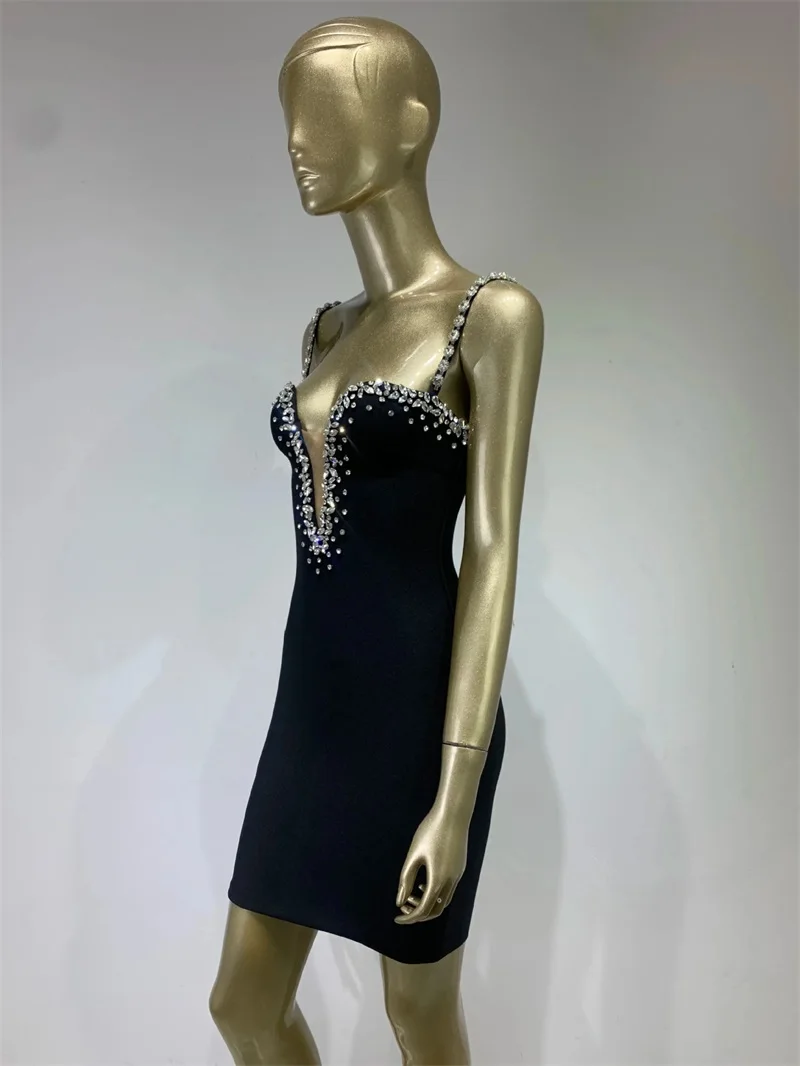 Pailletten Strass Frauen Verband Kleid rücken frei Deep-V-Ausschnitt Party kleid einzigartige schwarze ärmellose Abendkleid neues Design auf Lager