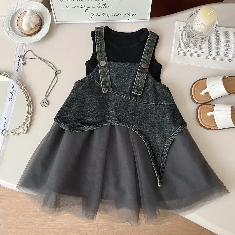 Summer Girls Clothes Sets Sleeveless T-shirt+Denim Mesh Dress Korean Kids Clothing Children Casual Clothes Suits 2 3 4 5 6 7Yrs