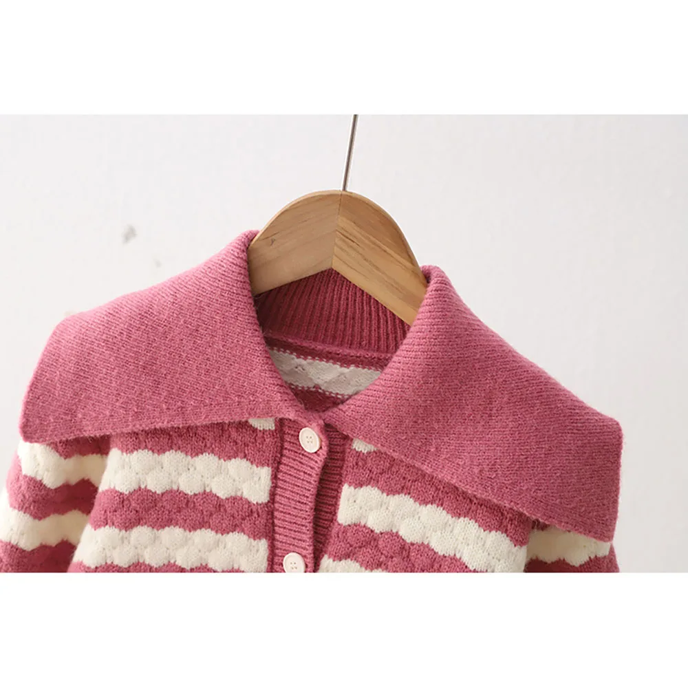 Cute Kids Girl Striped Sweaters Cardigans Korean Style Sailor Collar Knitted Sweater Baby Girls Top Coat Autumn Children Clothes