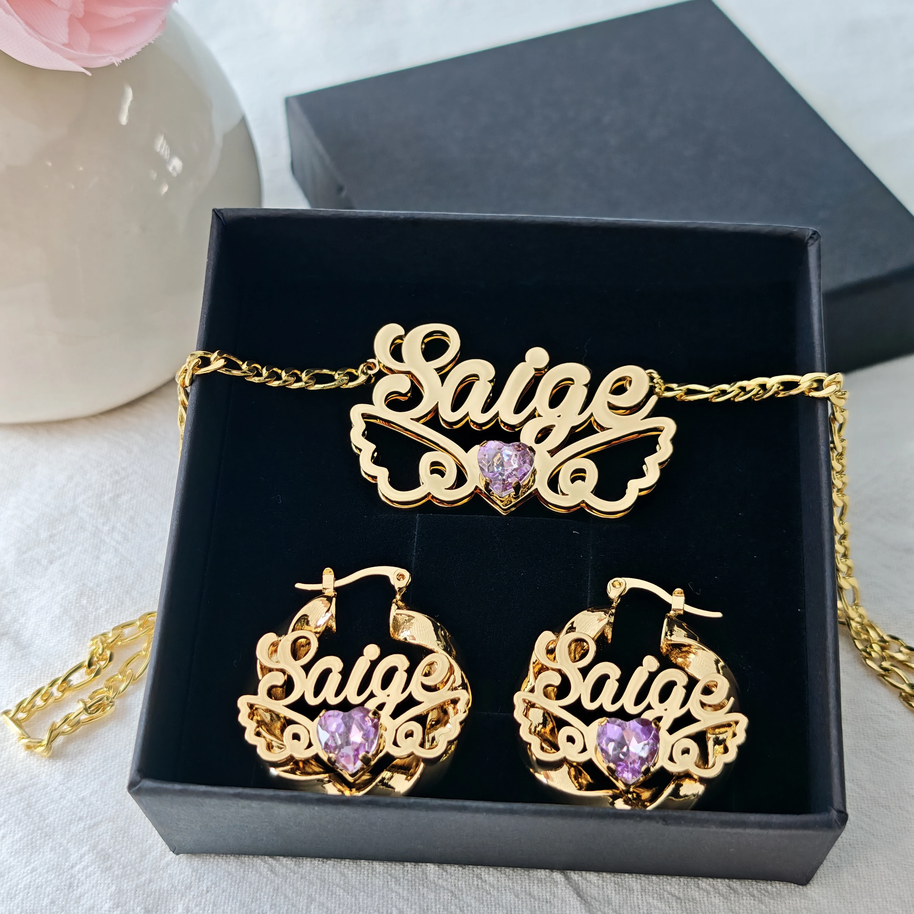 

DUOYING Custom Name Jewelry Set Angel Wings Love Zircon Fogaro Chain Stainless Steel 30mm Earrings Personalization Women Gift