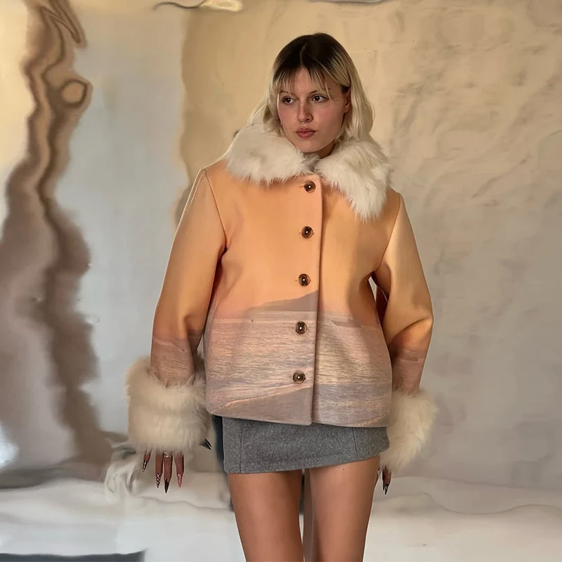 Bedruckte Kunstpelz-Patchwork-Wollkurzmäntel für Damen, Street-Style, Reverskragen, Langarm, Lose Jacke, Herbst-Winter, Schicke Damen-Oberbekleidung, Neuheiten – Detail 2