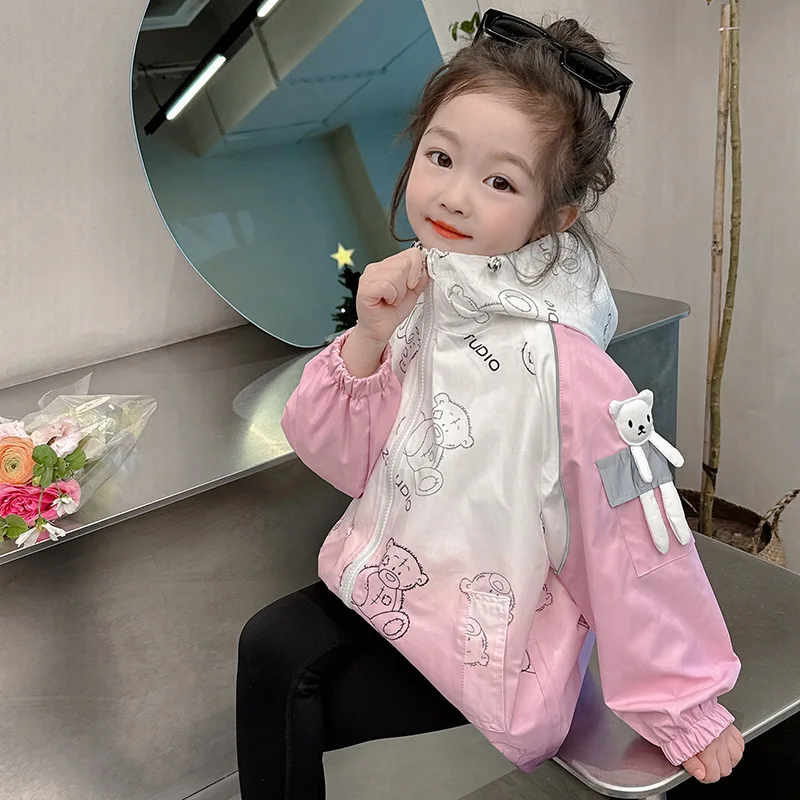 Toddler Girl Spring Autumn Coats 2024 Korean 3D Rabbit Sticker Kids Girl Jackets Gradient Spliced Long Sleeve Baby Girls Hoodies