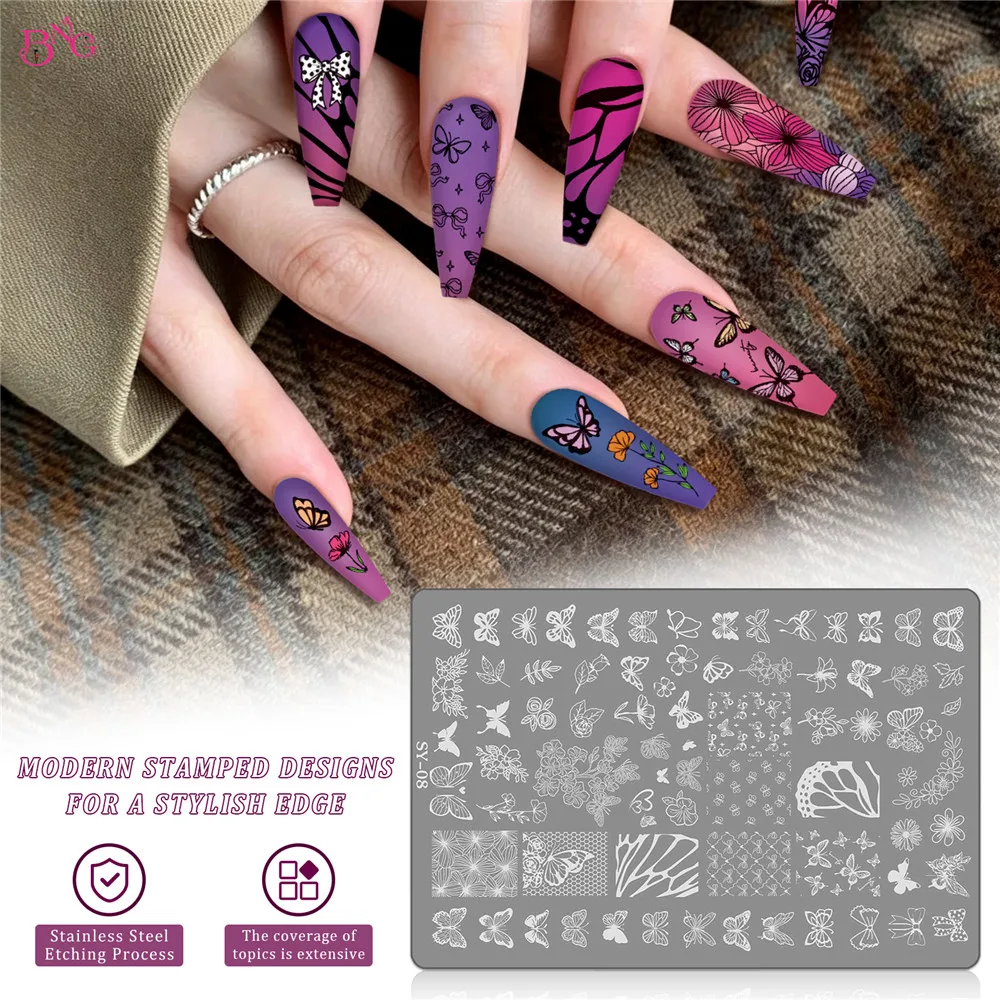 BNG Nagelstempelplatte mit Blumen-, Spitzen-, Streifen- und Herzmuster, Nagelkunst-Stempelschablone für Salon und Heimmaniküre – Detail 4