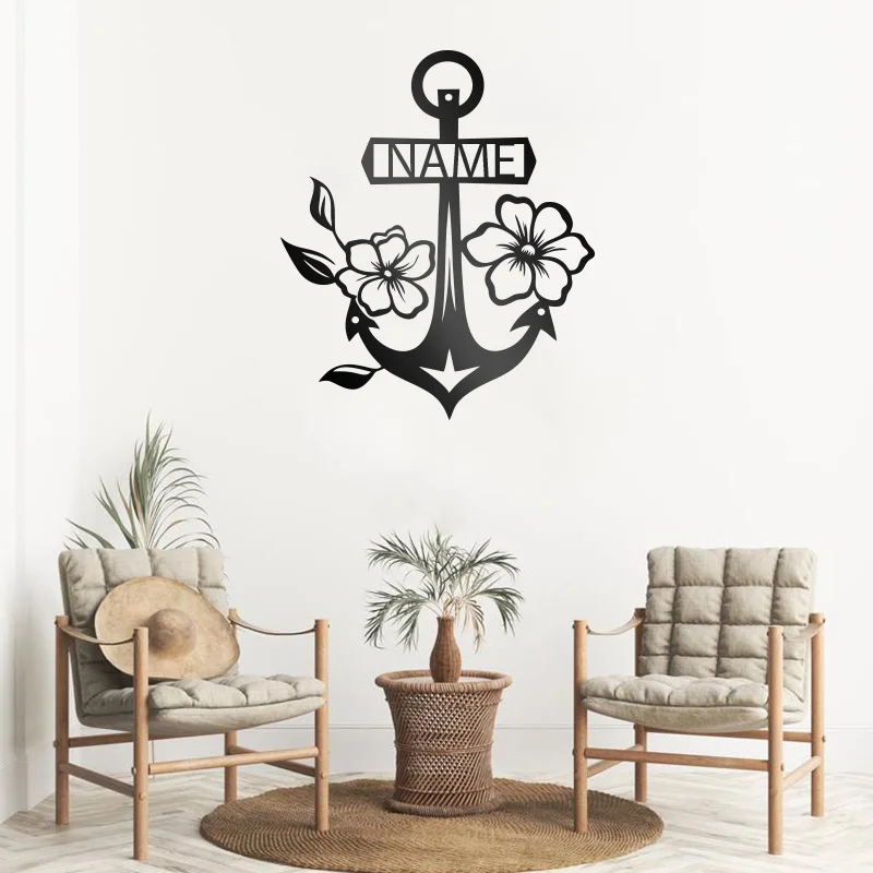 

1pc cool Fish anchor with flowers axes Custom Name Iron Wall Signs Metal Wall Plaque Kids Room Nature Decor