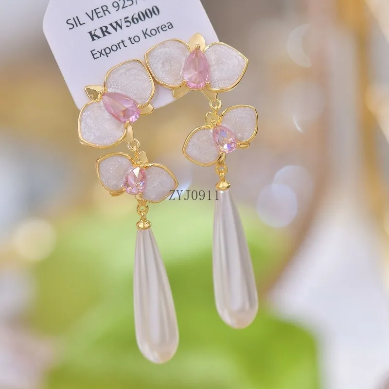 Retro nieuwe Chinese high-end gevoel unieke emaille druppelglazuur roze lange franjes pareloorbellen oorclip oorbellen