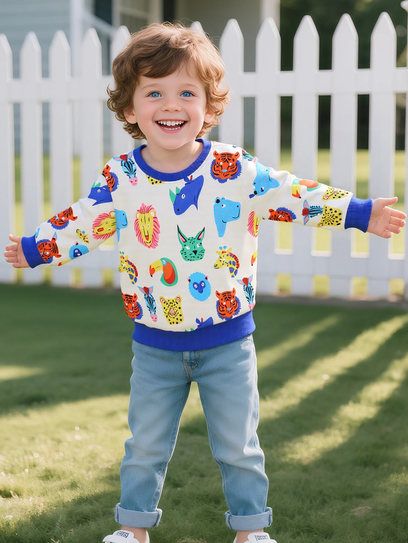 

Toddler Boys' Sweatshirt - Colorful Wild Animal (Lion, Tiger, Zebra) Prints, Soft Crew Neck Casual Top for Little Boys