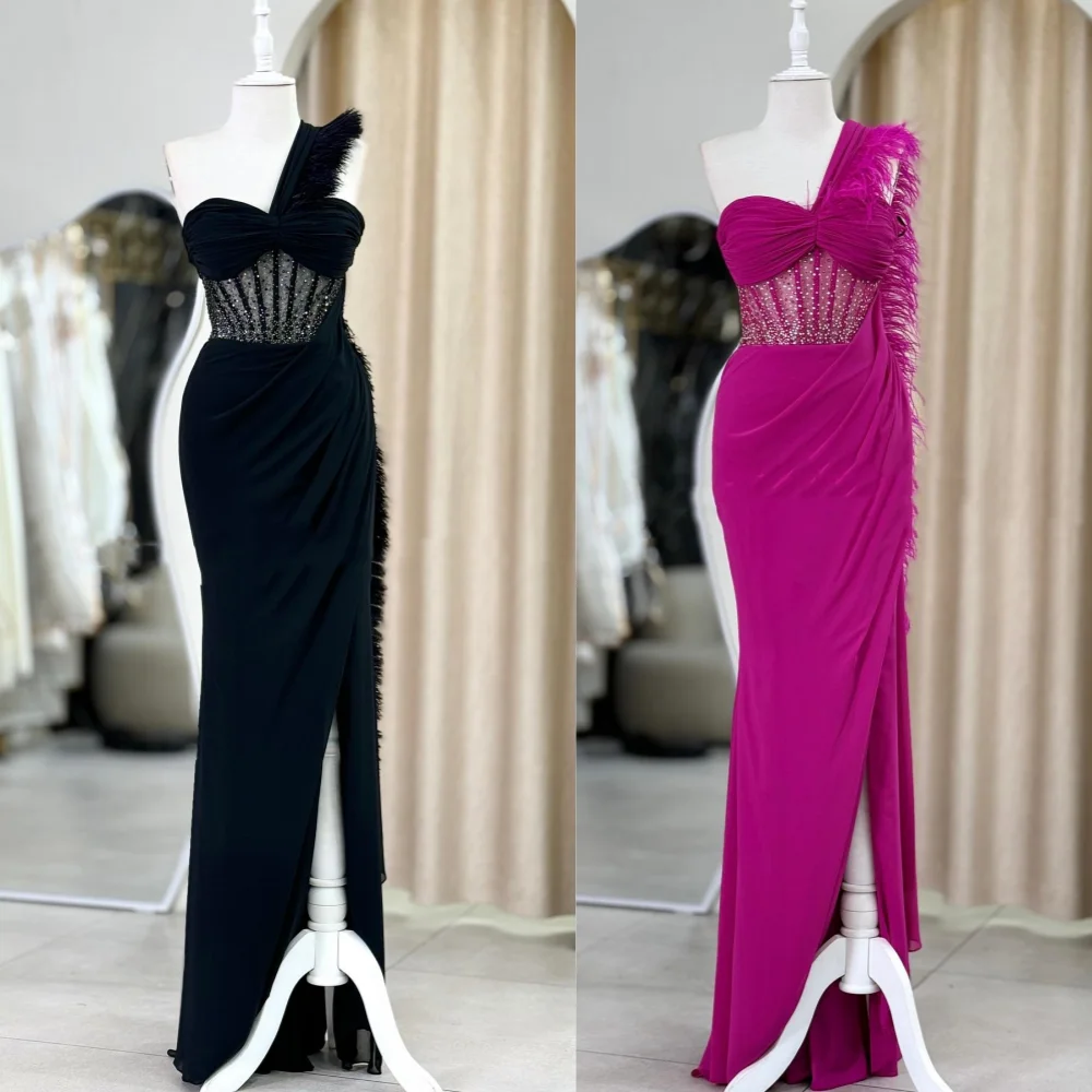 Customized Jersey Sequined Feather Wedding Party Trumpet One-shoulder Bespoke Occasion Gown Long Dresses