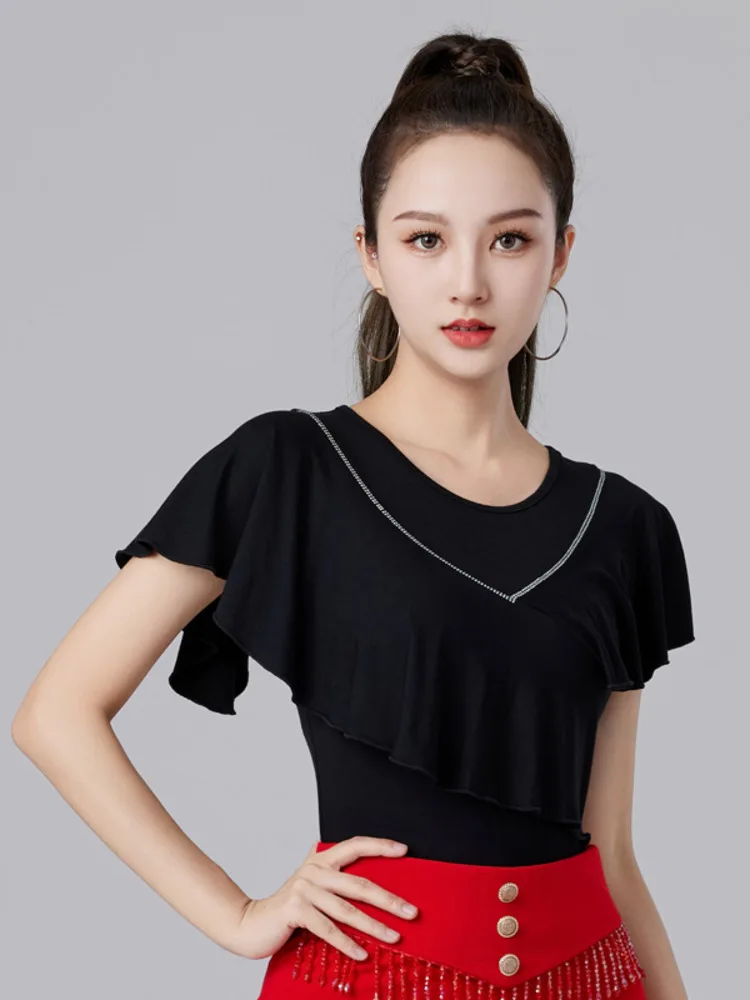 Solid Color Latin Dance Costume Tops Women Sports Jazz Rhinestones Wear Evening Practice Clothes Short Sleeve Dancewear T-shirt