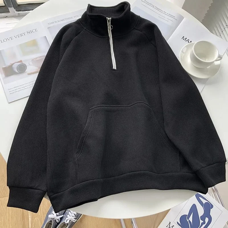 

2023 New Waffle Plus Velvet Stand Neck Half Zipper Pullover Sweater for Women's Autumn Korean BF Style Loose Top Gentle Coat for