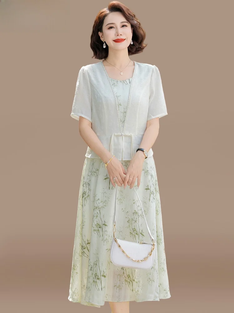

Новое китайское летнее платье для молодых мам с коротким рукавом, шифоновая юбка с цветочным принтом, модное для женщин среднего и старшего возраста.