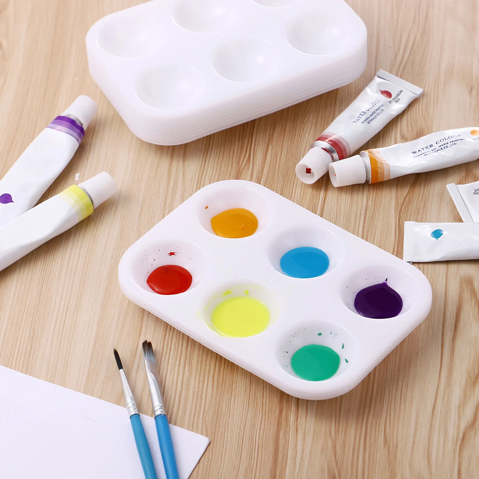 12Pcs Plastic Painting Palette 6-Compartment Rectangular Tray Smooth Surface for Art Lessons Kids Crafts Travel Friendly