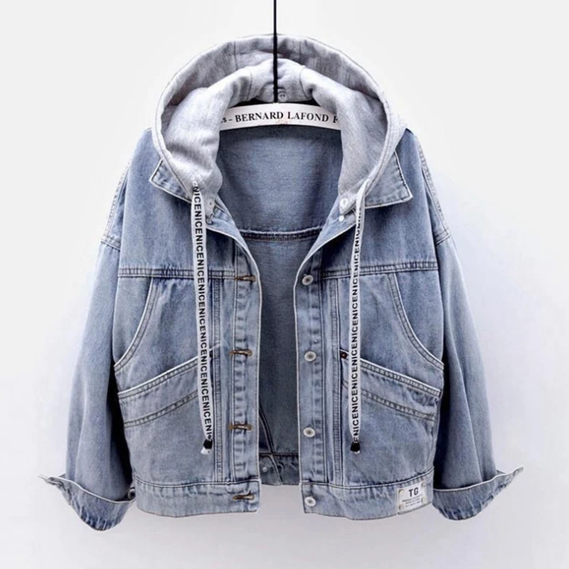 Korean Detachable Hooded Denim Jacket Loose Crop Top Big Pocket Back Chic 4 Button Streetwear Preppy Jeans Jacket Fall Women2023