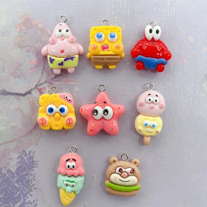 10PCS Resin Cartoon Character SpongeBob SquarePants Glossy Pendant DIY Jewelry Accessories Keychain Pendant Handmade Material