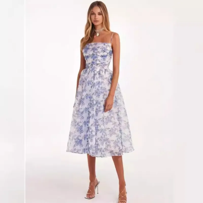 

2025 Summer Floral Print Suspender Dress Elegant Sleeveless High Waist Chiffon Dress New Evening Prom Dress