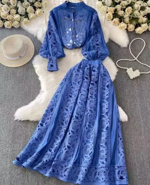 Summer Autumn Flower Embroidery White Lace Two Piece Women Set Shirt Tops And Midi Skirts Suits Fashion Outfits