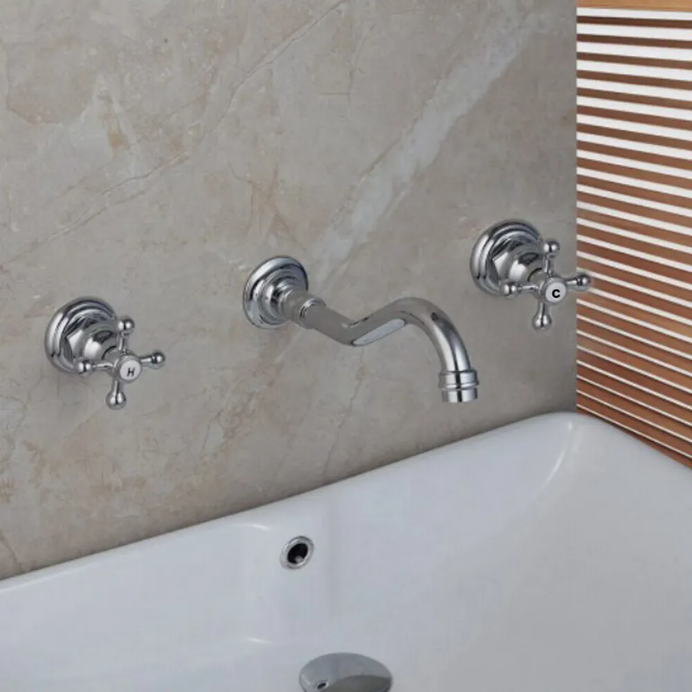 Polished Chrome Brass Double Cross Handles Wall Mounted 3 Hole Bathroom Tub Sink Faucet Mixer Tap asf493