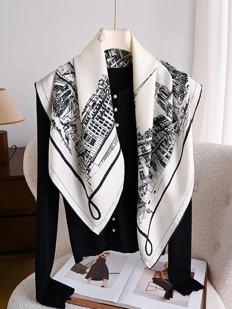 

90CM Silk Scarf Women Square Twill Bandanas Hand Rolled Shawls Foulard Accessories Headband 90CM Valentine's Day Gift