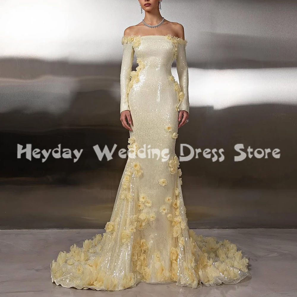 Suknie wieczorowe Heyday Women's Bateau Sparkly Mermaid z trójwymiarowymi kwiatami, długie rękawy, tren, długość do podłogi, elegancka suknia formalna 2025