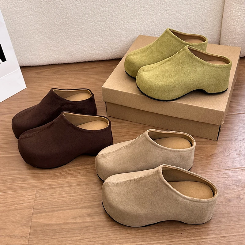 Women Round Toe Slip On Mules, Suede Thick Sole Backless Shoes, Soft Non Slip Casual Flat Footwear for Autumn Winter Daily Wear