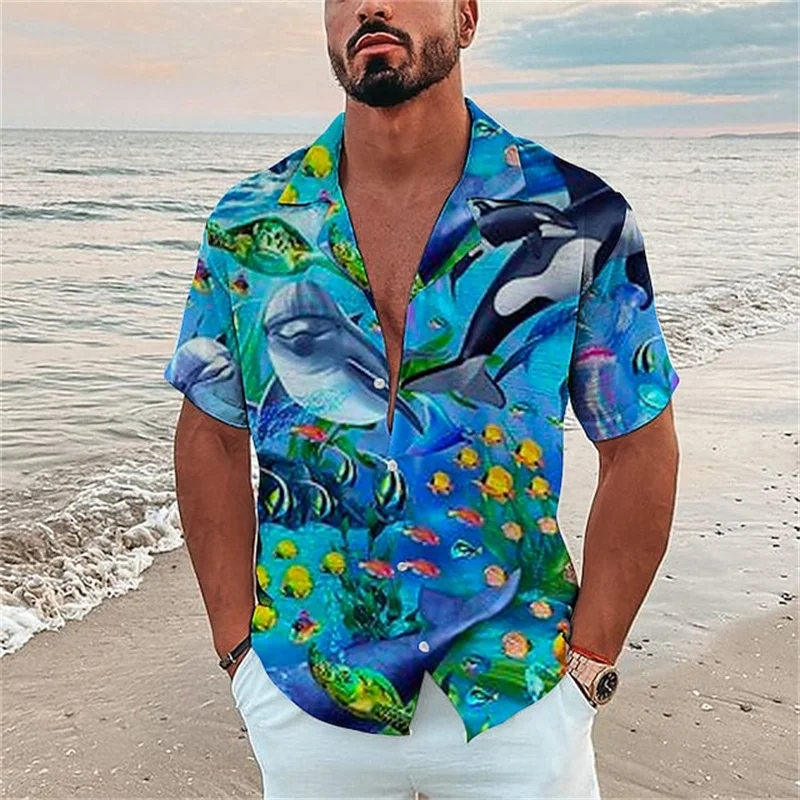 Men's Hawaiian Fish Print Shirts Men's Ocean Element Shirt Beach Vacation Casual Shirts Summer Breathable Short Sleeve Shirts