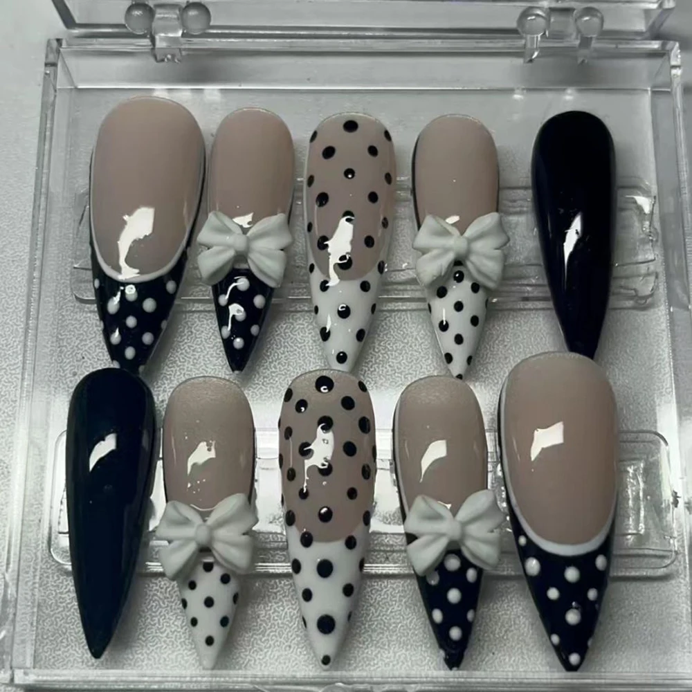 Y2K Spice Girl Style Handmade Long Coffin Stiletto Fake Nails Flowers Polka Point Eyeballs Music Note Bowknot Press On Nails