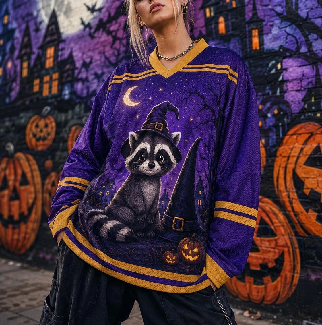 Cute Magic Raccoon Graphic Hockey Jersey 3D Print V Neck Oversized Long Sleeve Halloween Festival Streetwear Tops FamilyMatching