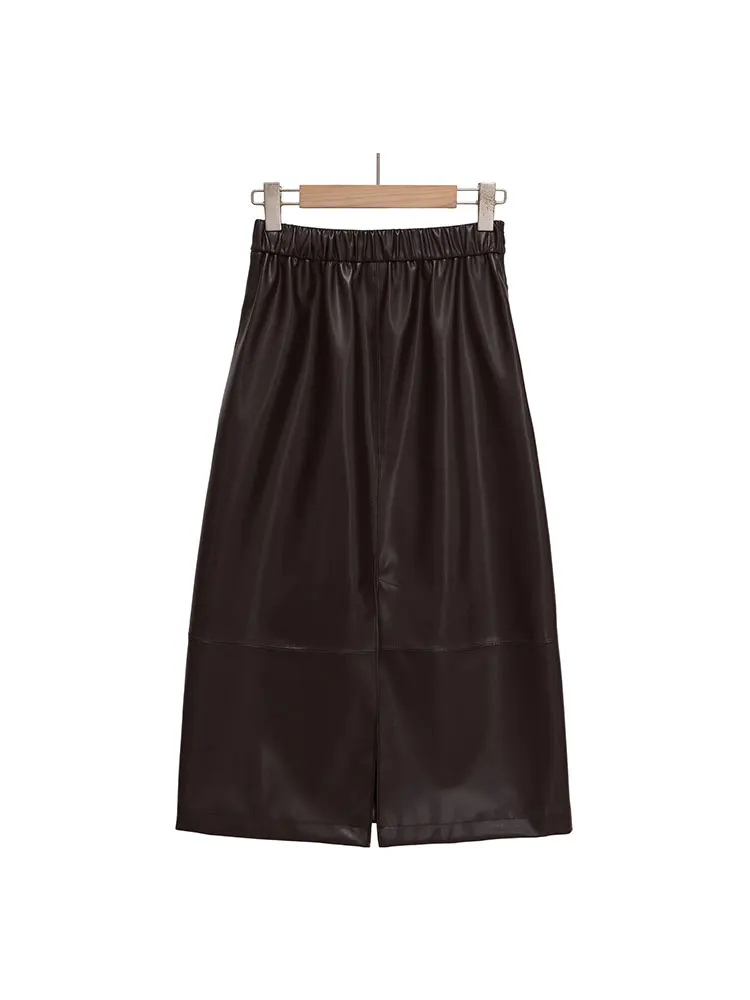 NLZGMSJ falda de Pu de otoño 2025 para mujer, faldas largas a la moda, faldas por debajo de la rodilla de Color sólido para oficina, falda elegante de fiesta de cintura alta
