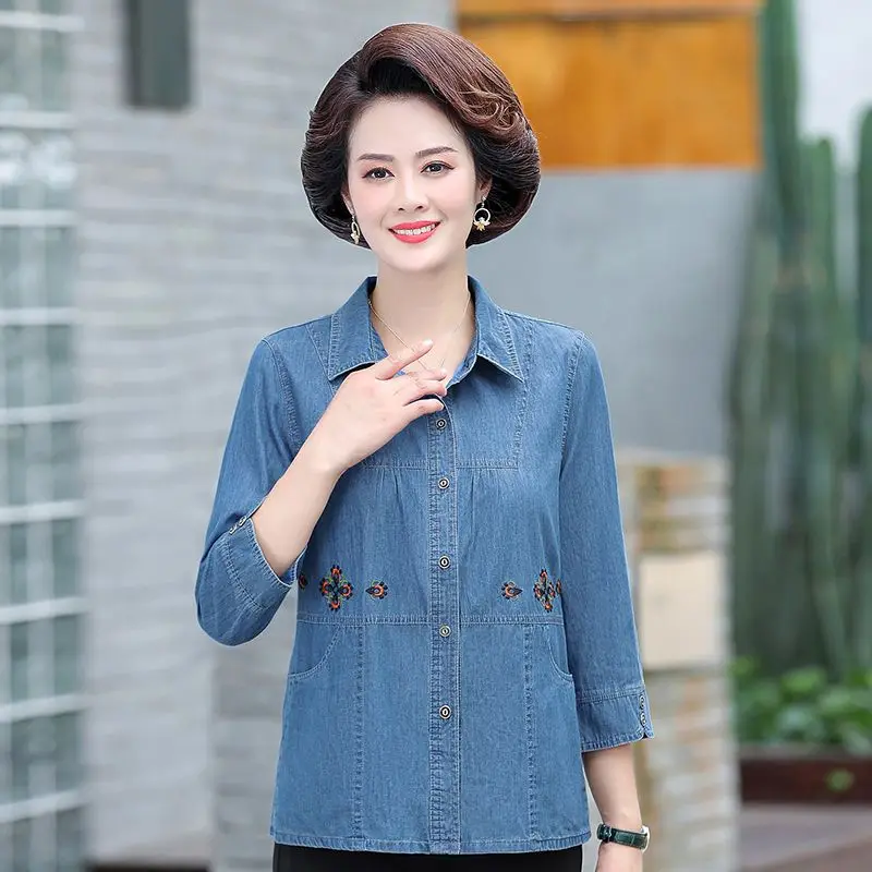 

Elegant Long Sleeve Denim Blouse 2024 Spring Summer Nine Quarter Sleeved Embroidered Shirt Middle-aged And Elderly Mother Tops