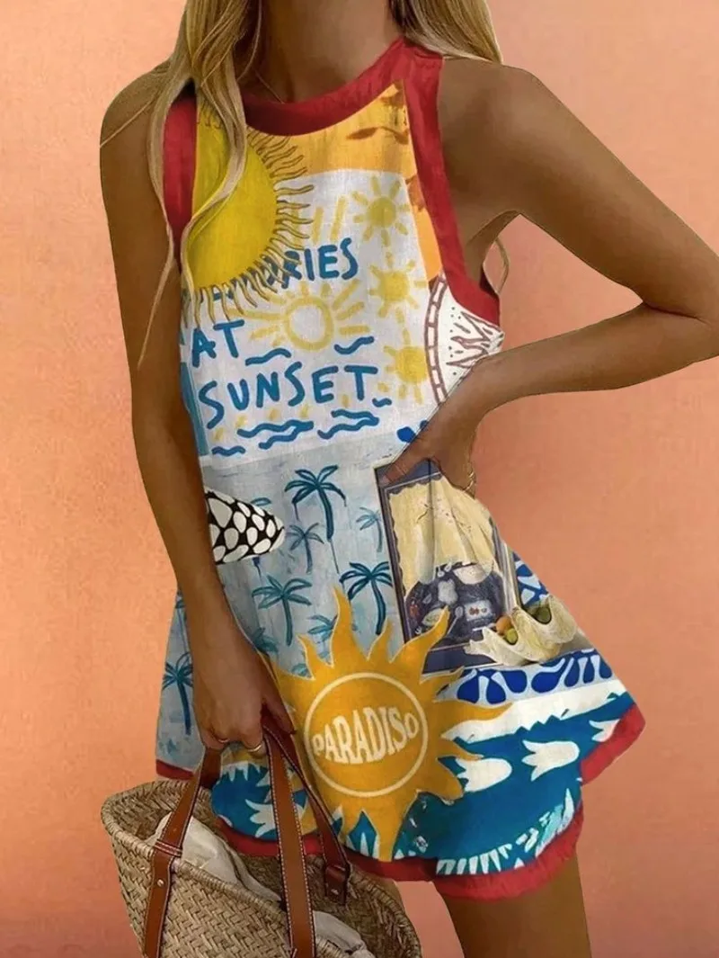 KIDCRKJ Damen Bohemian Ärmelloses Sommerkleid mit Aufdruck, lässig, locker, O-Ausschnitt, Minikleid, Urlaub, Party, Strand, A-Linien-Rock, Vestidos – Detail 33