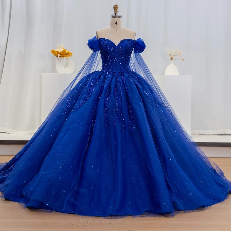 

Royal Blue Quinceanera Dress For Sweet 16 Off The Shoulder Sequined Lace Beaded Crystal Tull Graduatin Party Prom Dress vestidos