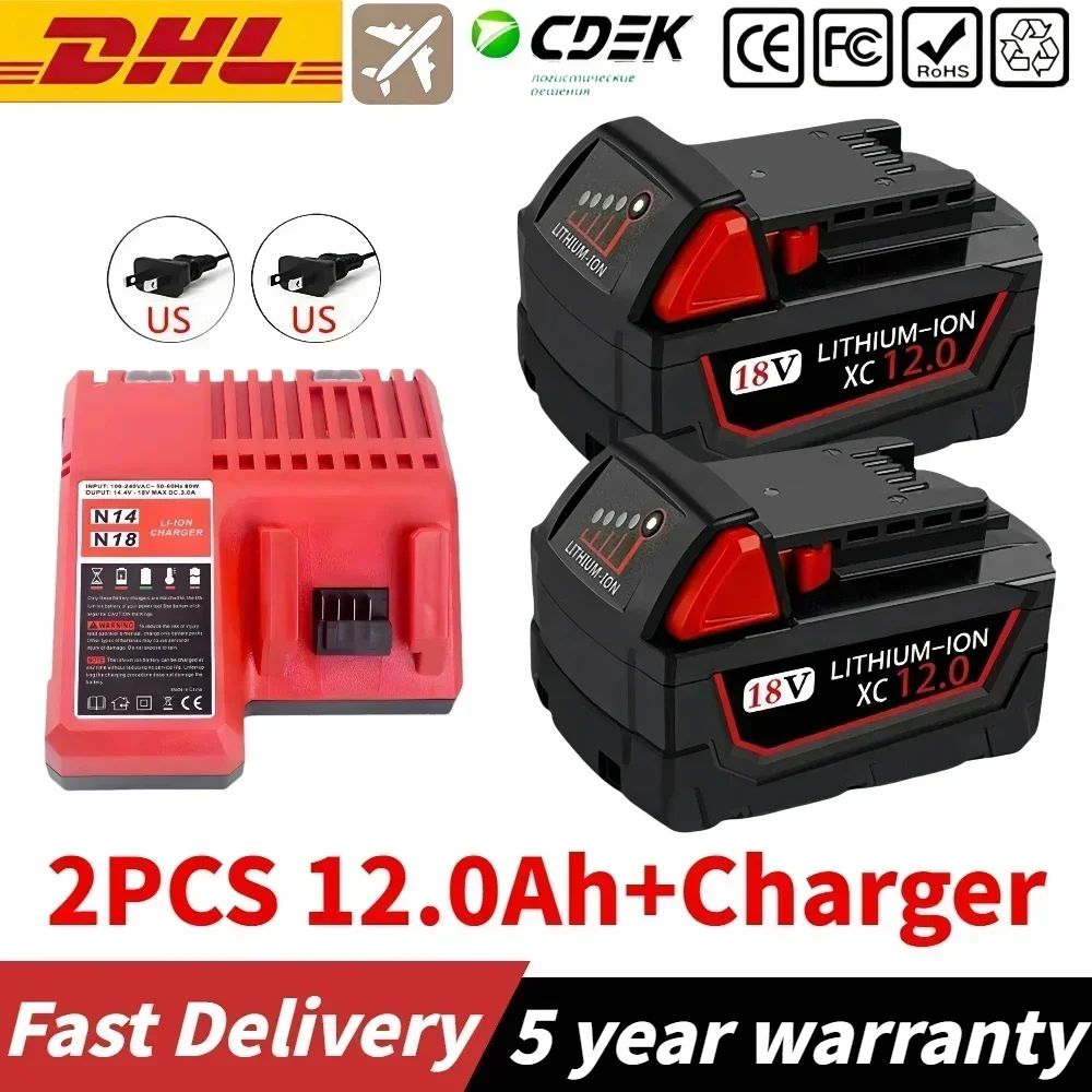 

18V Battery 6Ah 9Ah 12Ah Rechargeable Battery for Milwaukee M18 XC Cordless Tools 48-11-1860 48-11-1850 48-11-1815 M18B4, BR