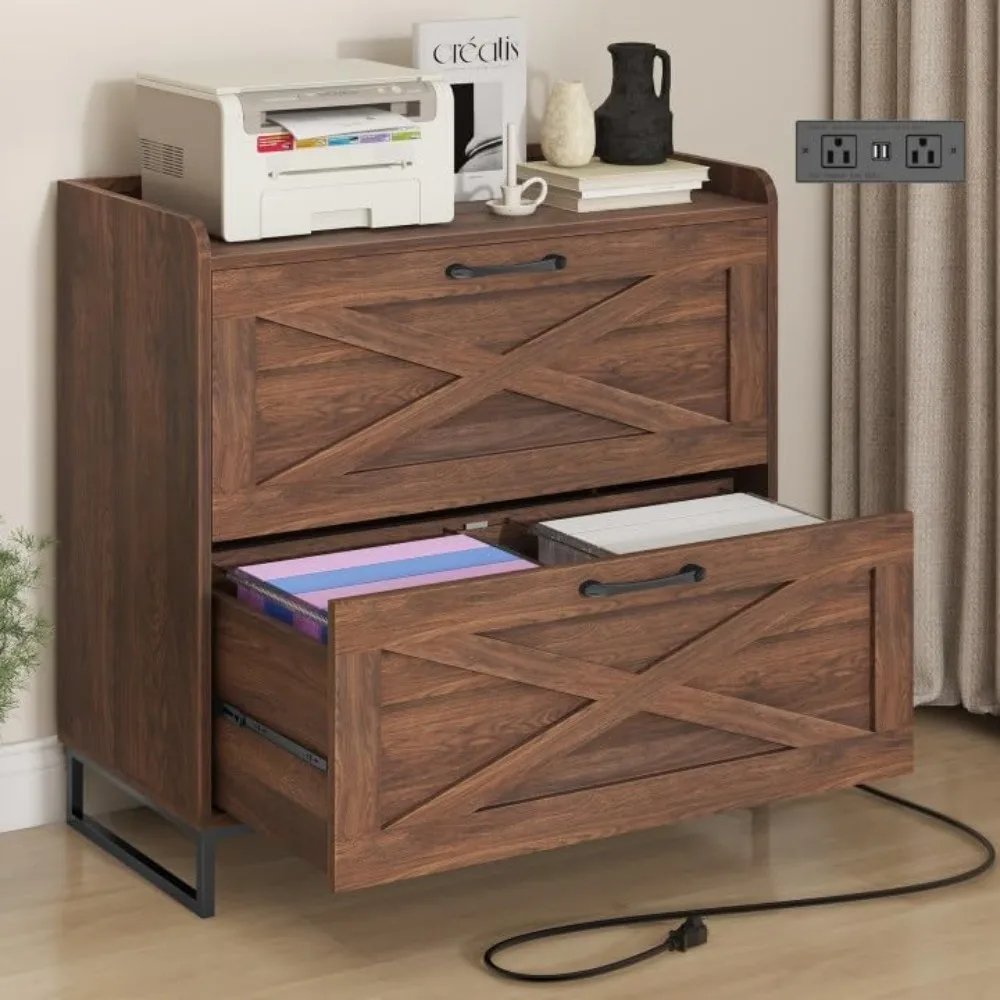 

File Cabinet 2 Drawers Lateral File Cabinet with Charging Station for Letter/Legal/A4 Size Hanging Files, Large Wood File Storag