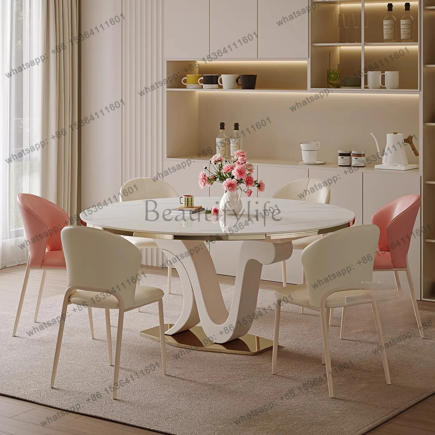 Cream wind rock slab rotating French simple retractable folding dining table variable round table