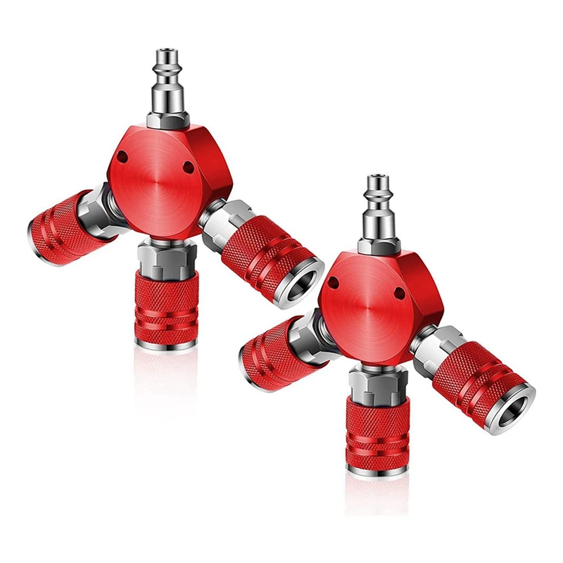 4 Pcs Air Hose Connectors 3 Way Air Hose Fittings 1/4 In NPT Air Compressor Fittings Air Compressor Accessories (Red)