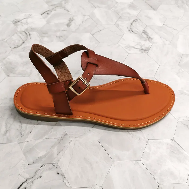 2024 Beach Sandals Women Summer Shoes Flat Heel Open Toe Flip Flops Buckle Leather Sandal Solid Yellow Large Size 37-41