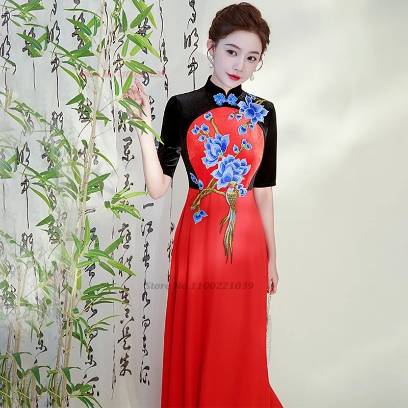 2025 ao dai vietnam traditional dress improved dress cheongsam stage performance dress flower embroidery banquet evening dress