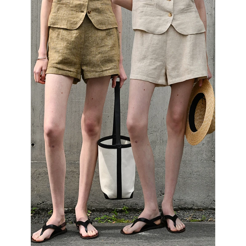 

Женские шорты из 100% льна с высокой талией в стиле ретро, летние свободные повседневные прямые брюки, модные уличные офисные женские брюки
